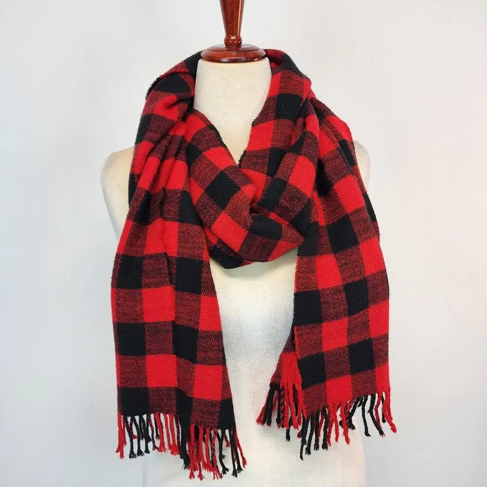 J.CREW Buffalo Plaid Scarf Unisex Red Black Fringe Lighweight Lumberjack 80x15